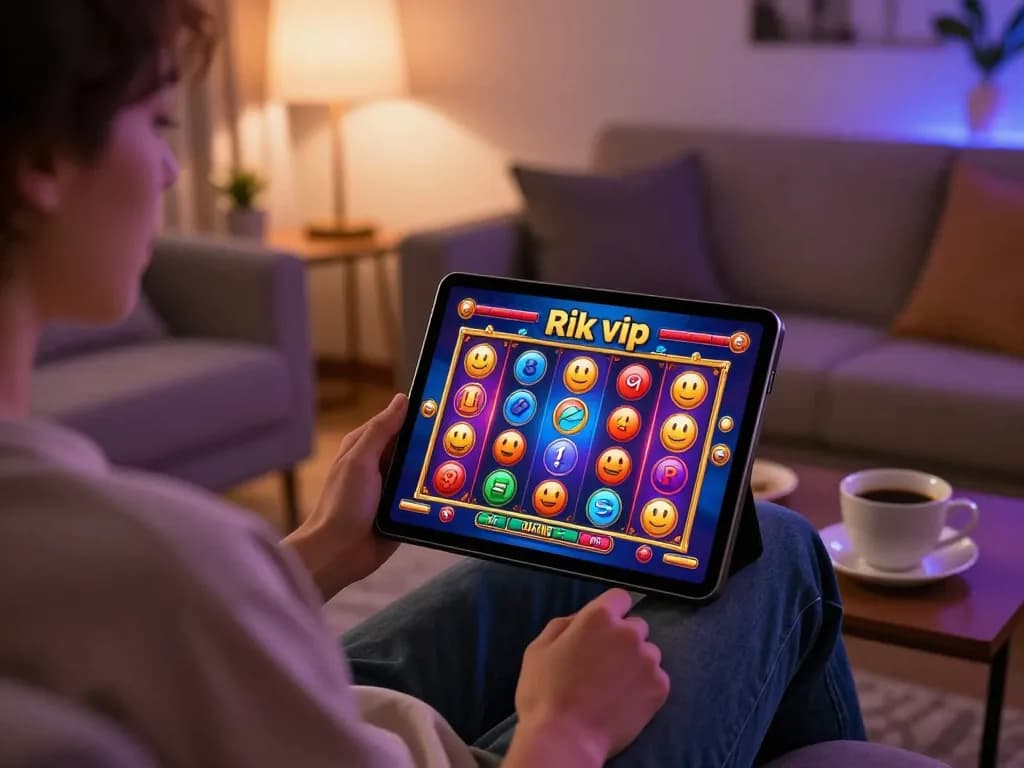 Engaging online Rik vip gaming experience with colorful slot interface in a cozy home setting.