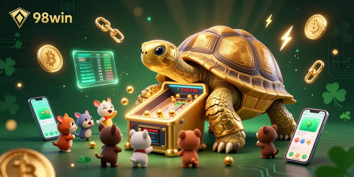 Engage with 98win's exciting 3D casino game featuring a colossal tortoise pinball machine amidst vibrant cryptocurrency elements.