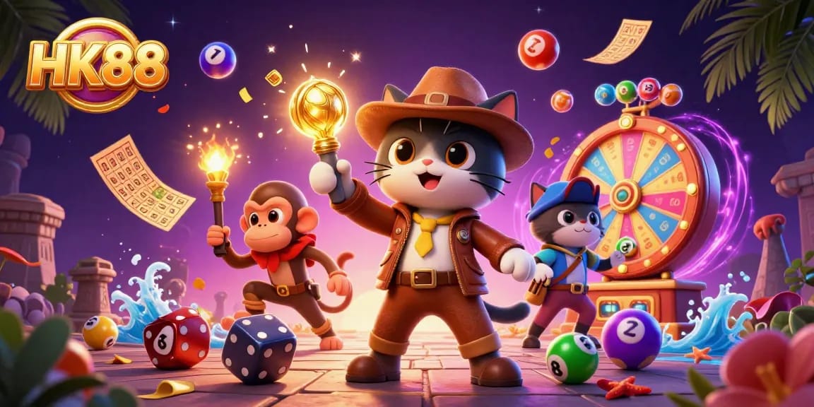Engaging players at HK88 with golden casino artifacts and colorful lottery balls in a vibrant scene.