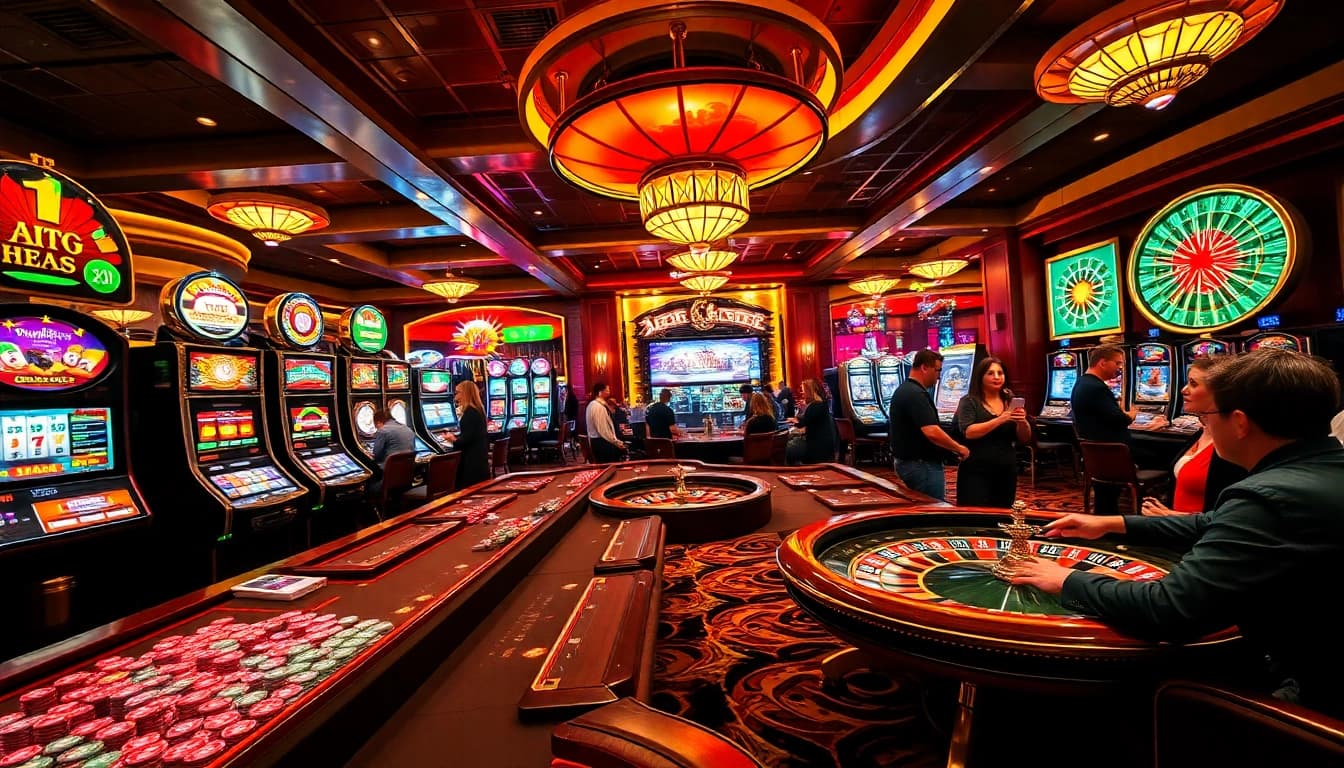 Players enjoying diverse games at 8day, including poker and roulette, in a vibrant casino atmosphere.