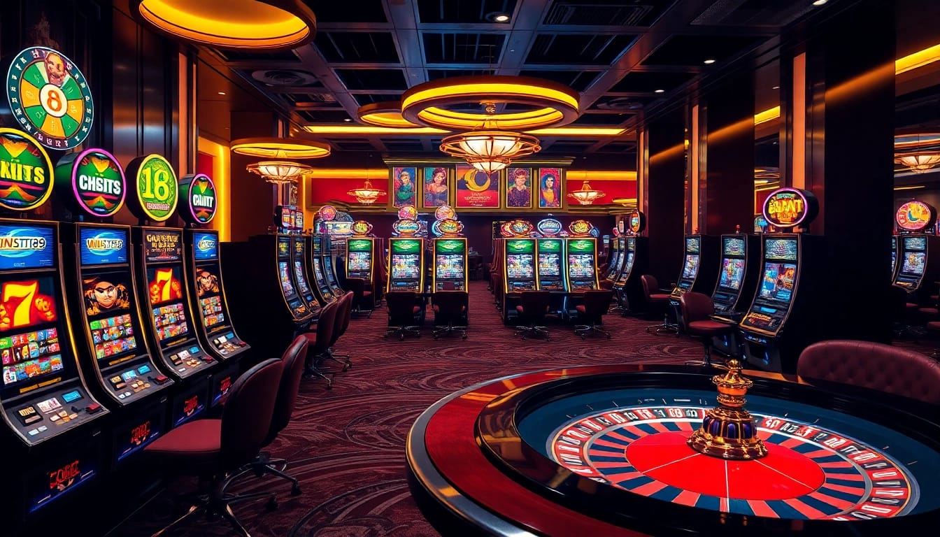 Winstrike69 exciting slot machines and poker table with vibrant casino atmosphere.