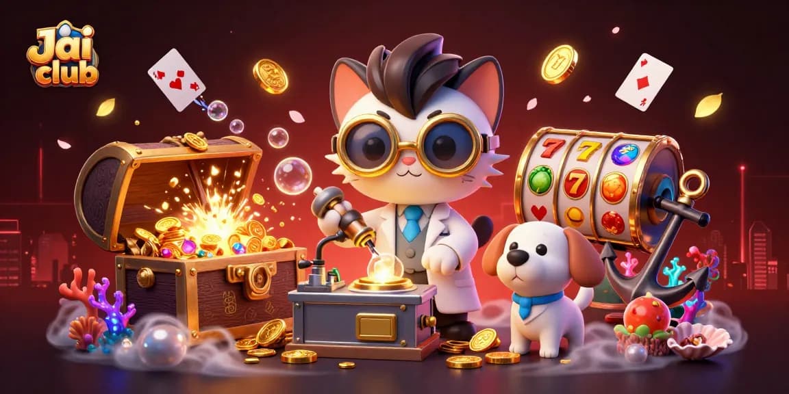 Experience the thrill of Jai club with a 3D illustration of a mad scientist cat amid vibrant casino elements.