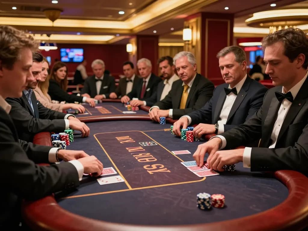 Pemain poker terlibat secara intens di meja kasino, menunjukkan cukupnya kegembiraan dan strategi permainan dengan taruhan tinggi.