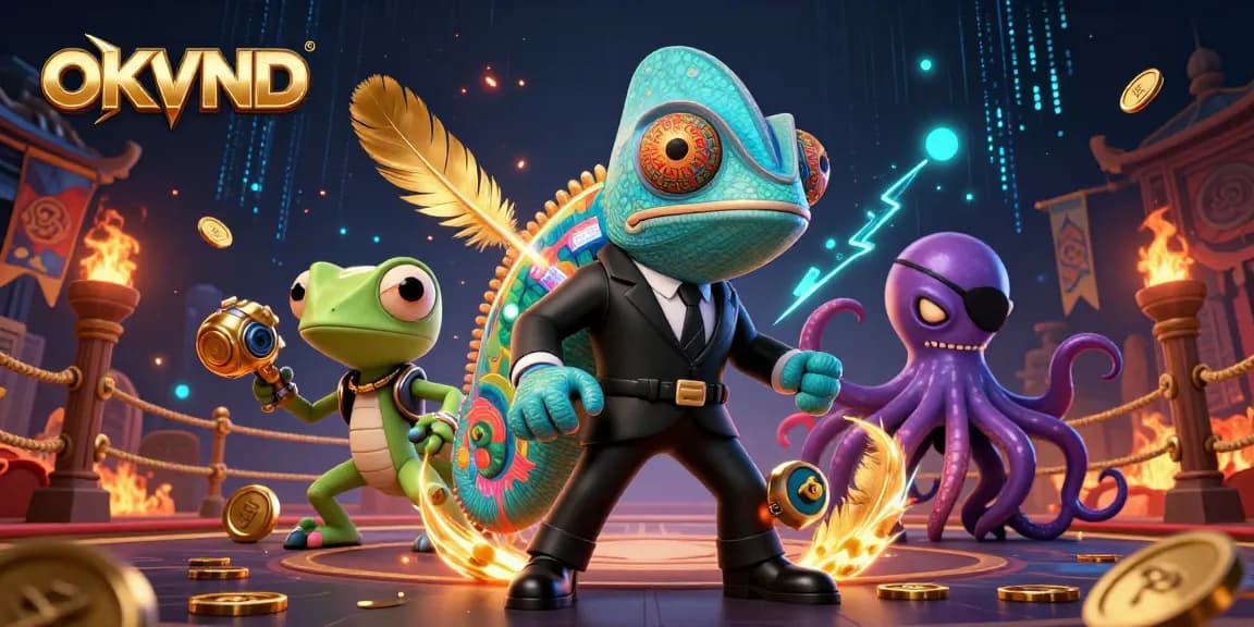 Engage with OKVND's thrilling gaming world featuring vibrant characters and casino elements.
