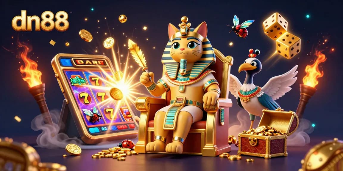 Spin the reels at dn88 with a jackpot explosion, featuring a pharaoh cat and casino elements.