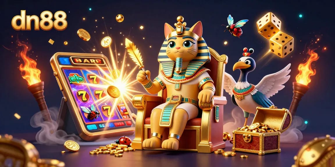 Spin the reels at dn88 with a jackpot explosion, featuring a pharaoh cat and casino elements.
