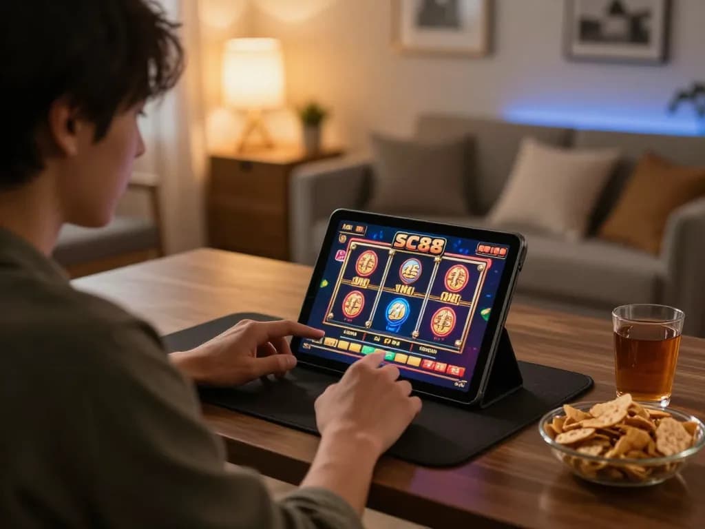 Player engaging with SC88 mobile slot game on tablet in cozy home setting