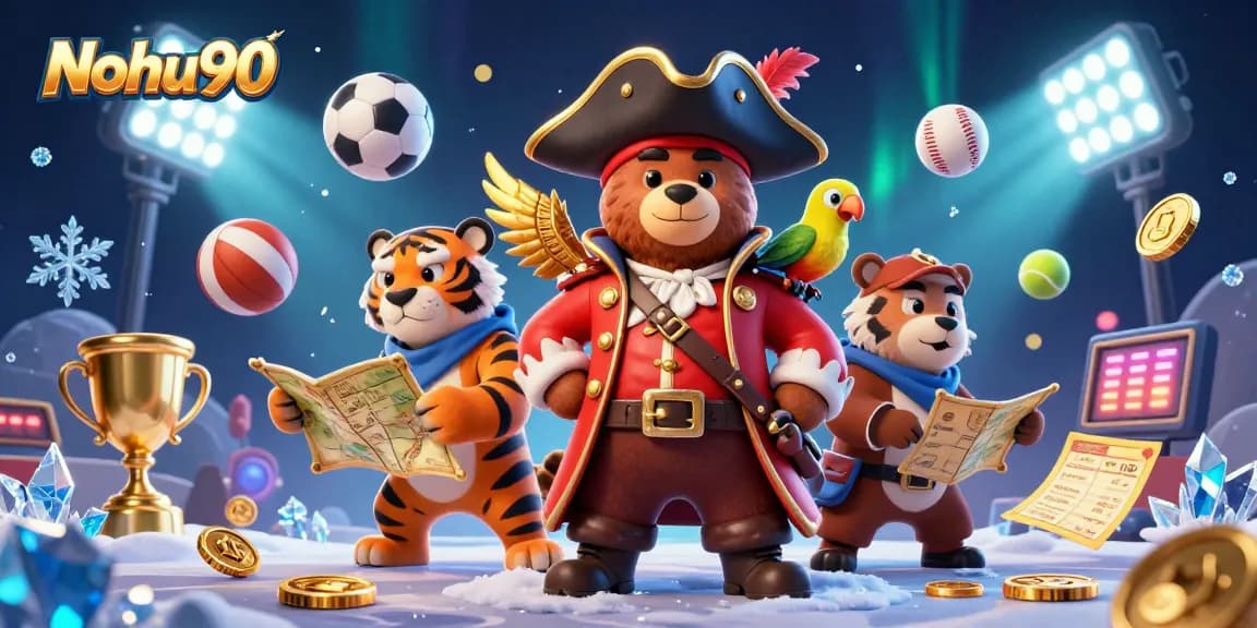 Nohu90 feature a dynamic scene with a pirate bear captain, tiger first mate, and golden parrot amidst soaring sports balls.