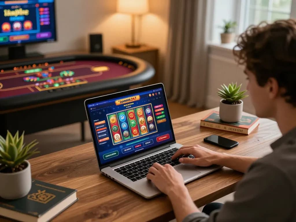 Igamble247 Slot game displayed on a laptop in an inviting home workspace, showcasing virtual casino excitement.