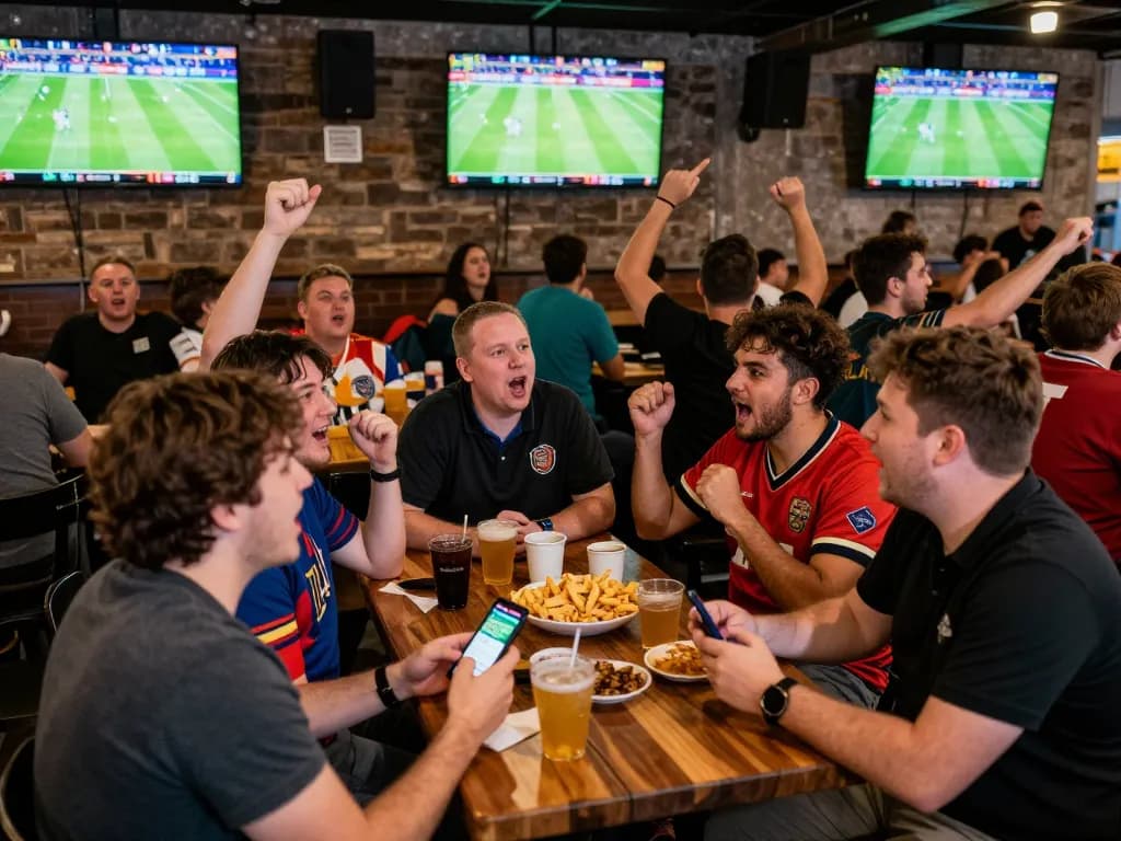 Fans engaged in live sports betting at a sports bar, showcasing trang cá cược bóng đá excitement and camaraderie.