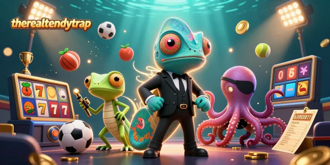Slot online seru yang menampilkan therealtrendytrap dengan chameleon, gecko, dan gurita di permainan kasino.