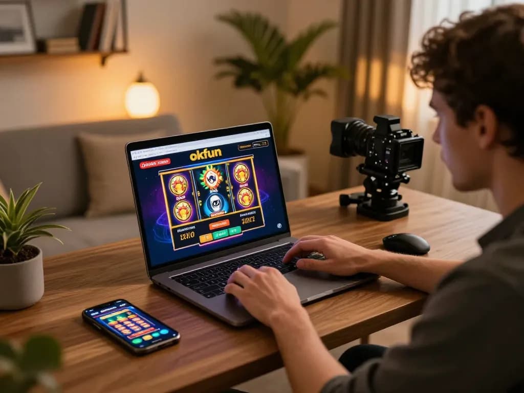 Engaging gameplay on okfun casino platform, showcasing vibrant slot games and focused player interaction at home.