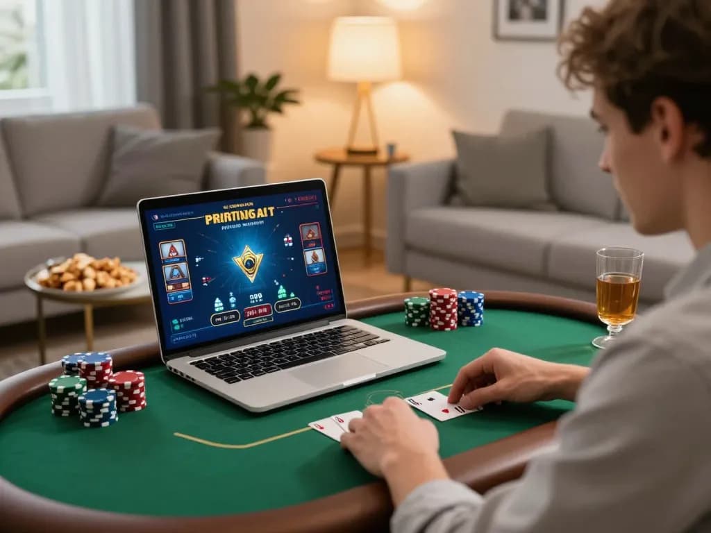 99OK player enjoying an exciting online poker session at home, showcasing immersive gameplay and comfortable setting.