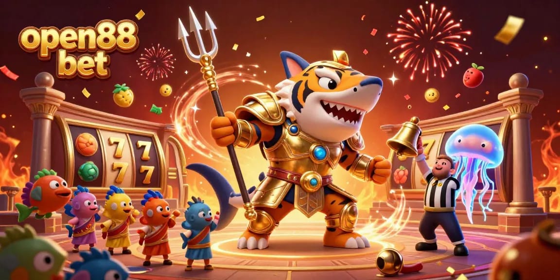 Engage with the thrilling underwater battle in open88 bet, featuring slot reels and vibrant creatures.