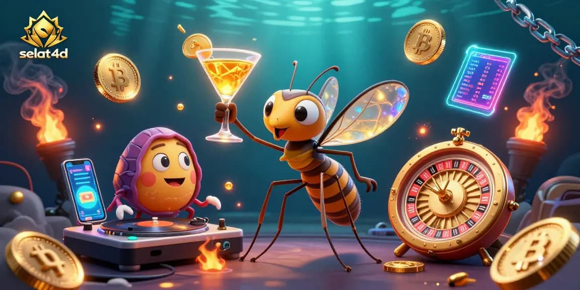 Experience the excitement of selat4d with casino-themed 3D animation showcasing vibrant crypto elements.