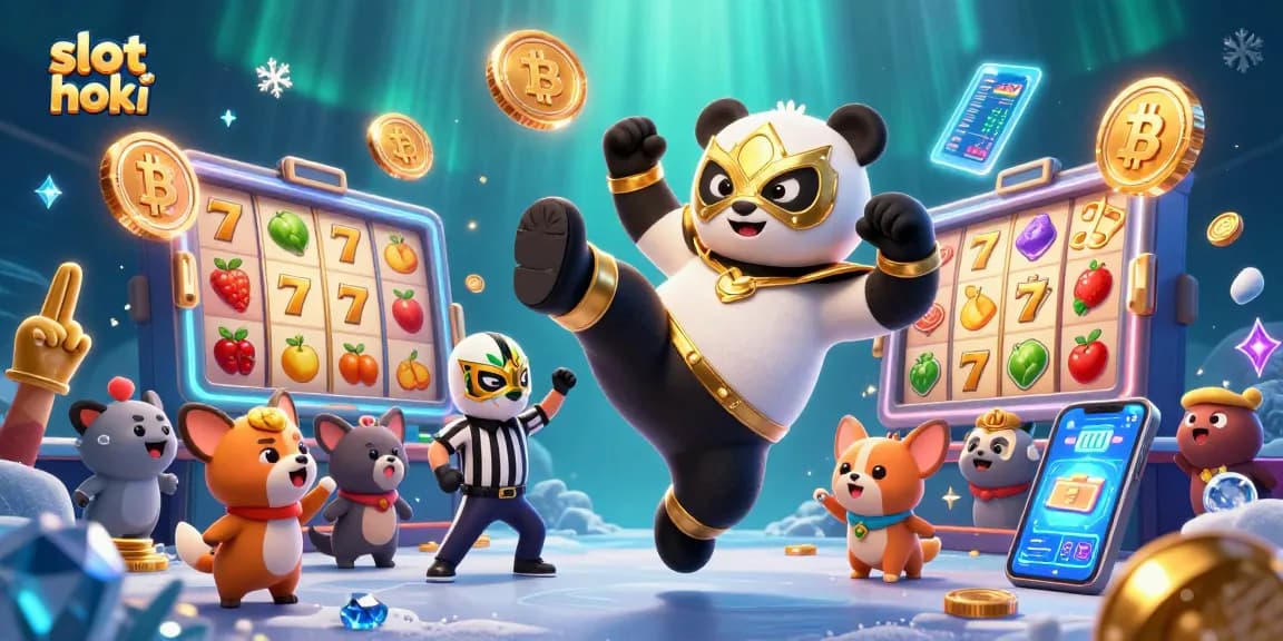 Slot hoki gameplay features a vibrant 3D scene with a panda wrestler and animal spectators winning big!