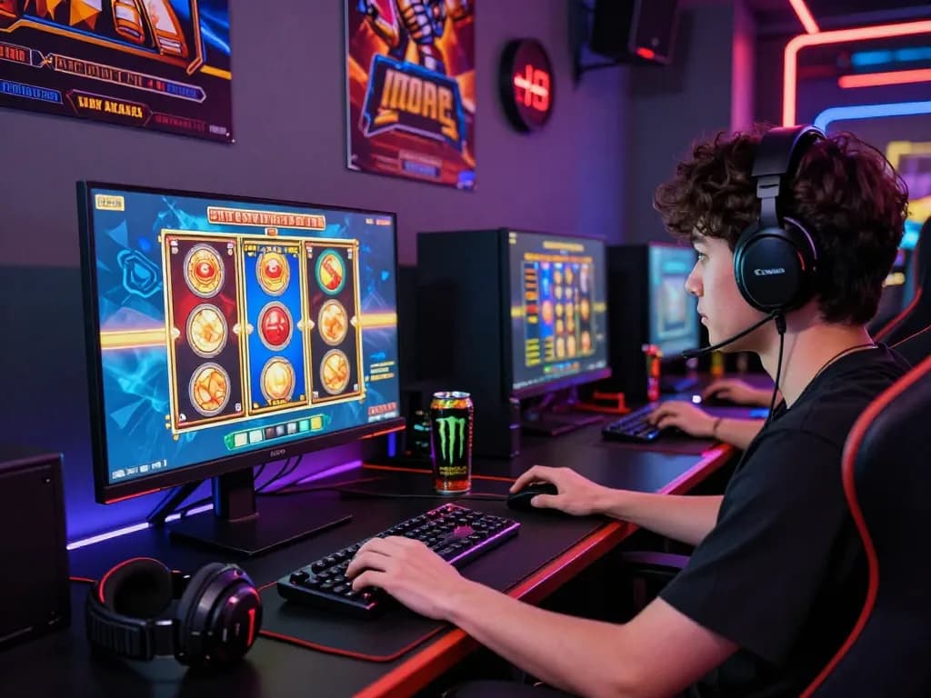 Pemain terbenam dalam permainan slot gacor online dengan visual yang cerah dan aksesori.