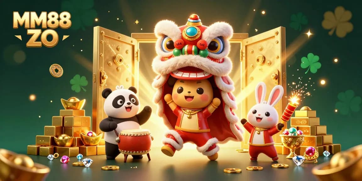 Engage with MM88 ZO in a dynamic casino scene featuring a lion dance, treasure vaults, and festive elements.