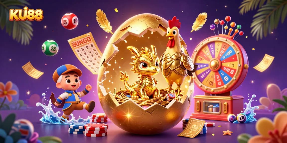 Experience the thrill of KU88 with a vibrant illustration featuring a golden egg and playful gambling elements.