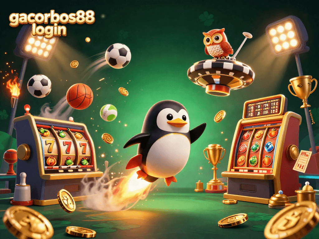 Exciting gacorbos88 login experience with a golden penguin, casino elements, and sports action.