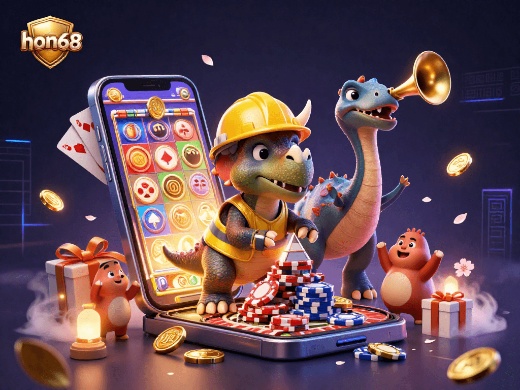 Join the excitement at hon68 with vibrant casino action, featuring a triceratops and parasaurolophus amid a dynamic gaming scene.