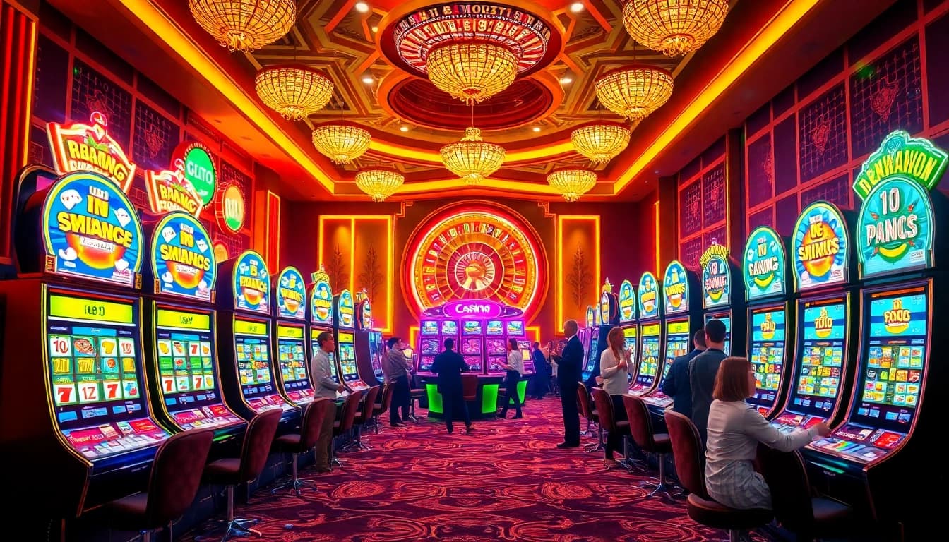 KTPJITU players celebrating a big win at colorful slot machines in a lively casino atmosphere.