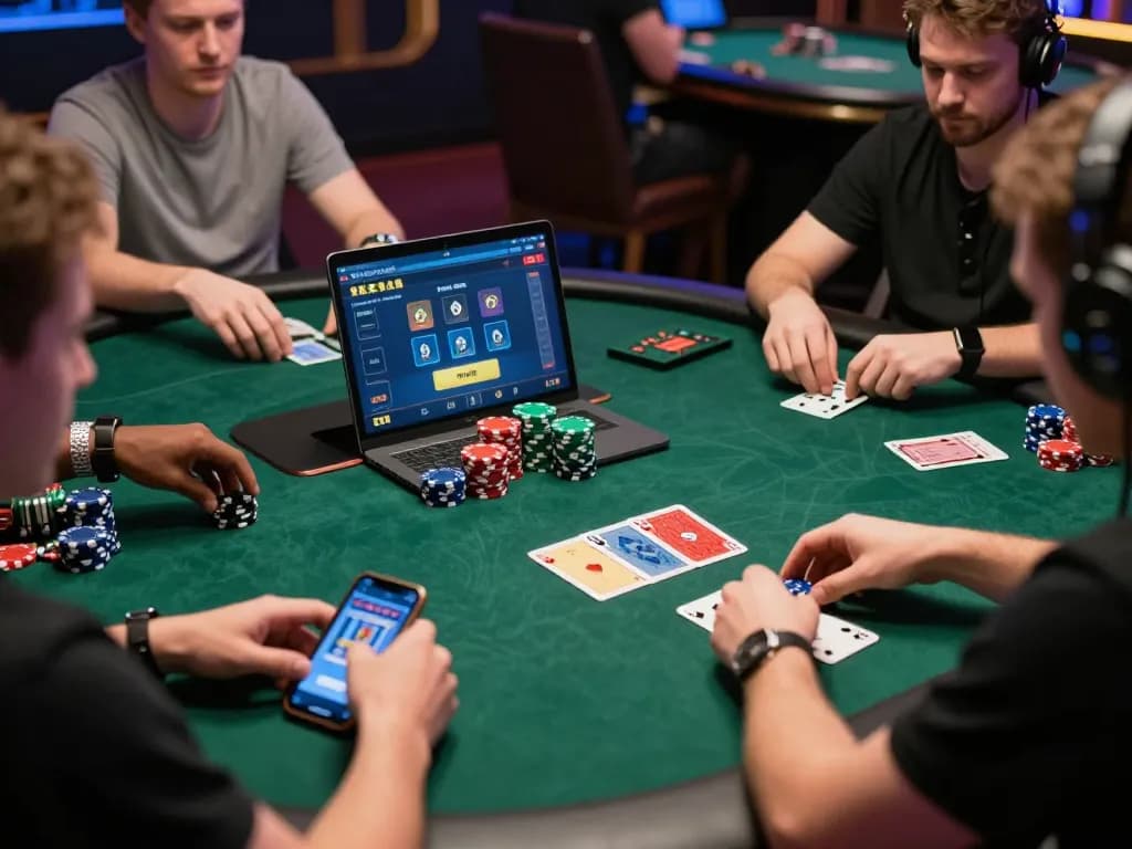 KONG 88 players strategizing in an online poker game with vibrant screens and chips.