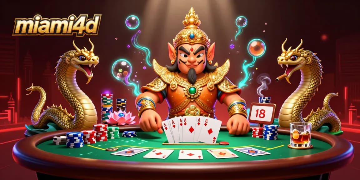 Experience thrilling gameplay with miami4d as the Thai temple guardian oversees a vibrant poker scene.