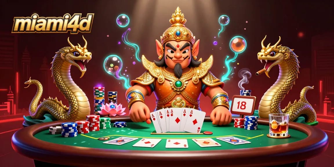 Experience thrilling gameplay with miami4d as the Thai temple guardian oversees a vibrant poker scene.