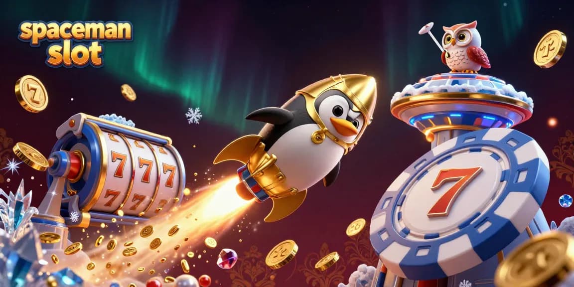 Experience the thrills of the spaceman slot with a golden penguin racing towards victory amidst casino-themed dynamics.