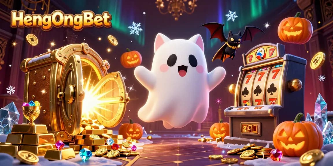 Spin the reels with HengOngBet's friendly ghost cat and vampire bat in a glowing haunted casino.