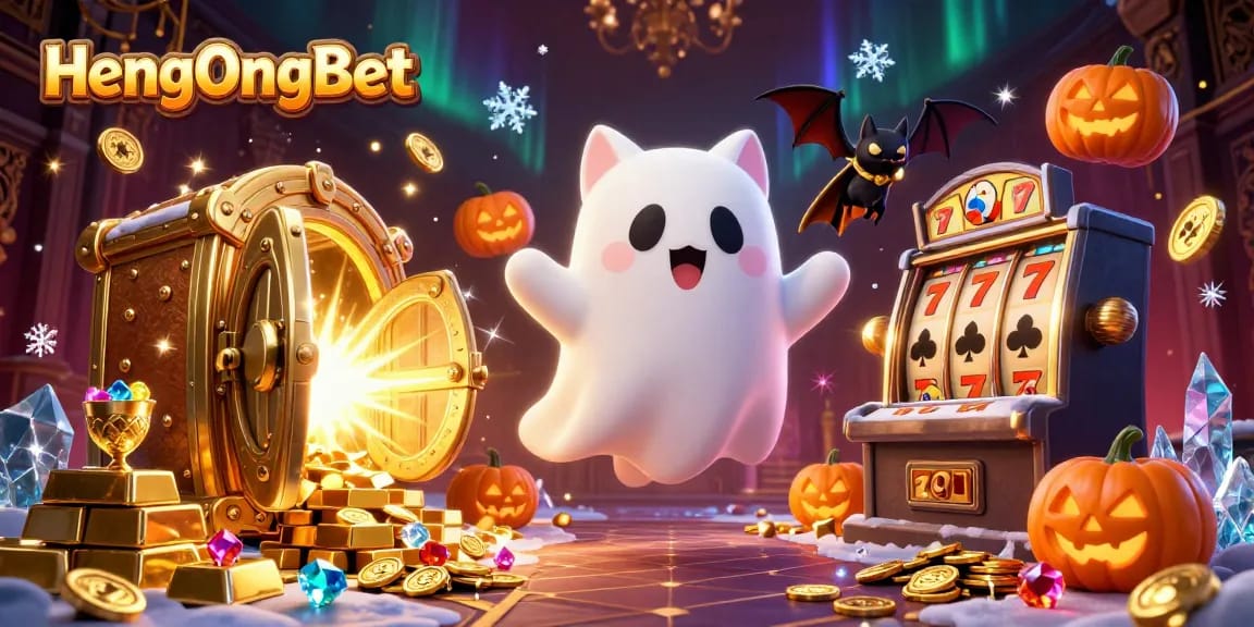 Spin the reels with HengOngBet's friendly ghost cat and vampire bat in a glowing haunted casino.