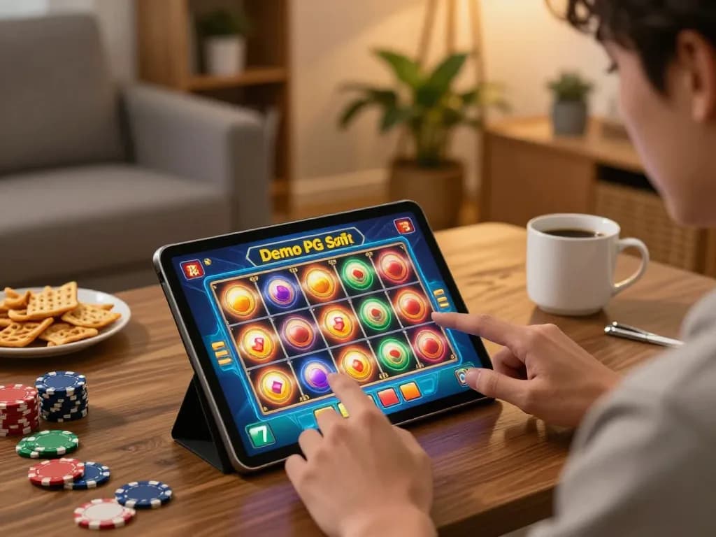 Bergabung dengan Demo Slot PG Soft Mahjong, seorang pemain di rumah menikmati gulungan yang cerah dan suasana yang nyaman.