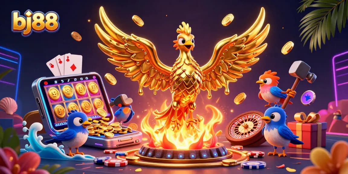 Bettors witness the golden phoenix symbolizing bj88 rising in the dynamic casino scene filled with games and excitement.