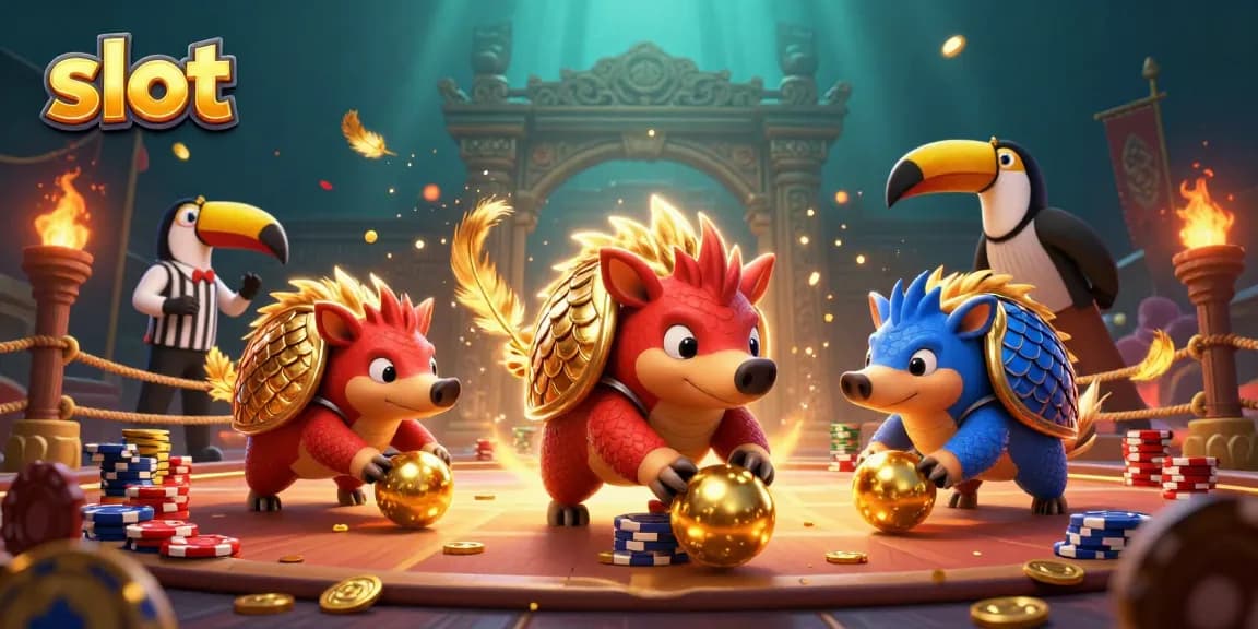 Menggulung bola emas dalam permainan slot, dua pangolin rival dalam armor berskala merah dan biru
