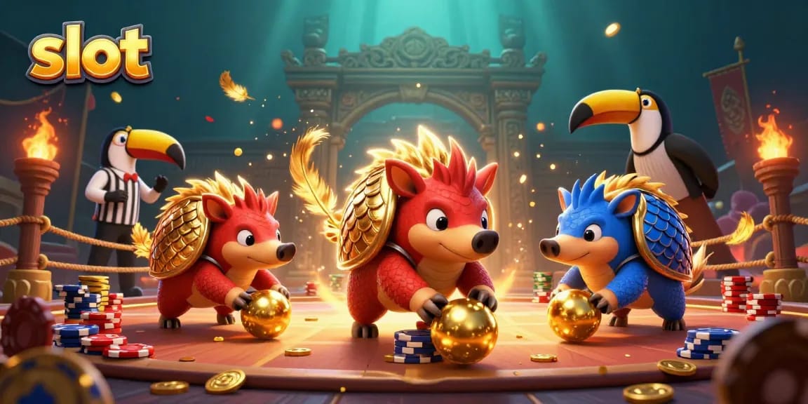 Menggulung bola emas dalam permainan slot, dua pangolin rival dalam armor berskala merah dan biru