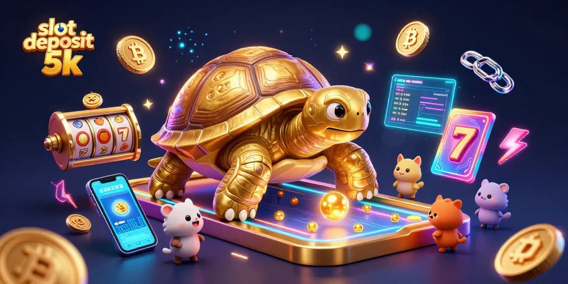 Experience thrilling slot deposit 5k gameplay with glowing neon elements, slot reels, and excited characters.