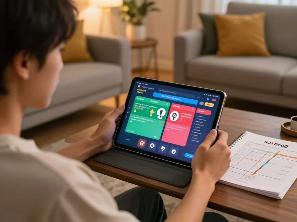 Engaging player analyzing toto sgp numbers on tablet in a cozy home environment