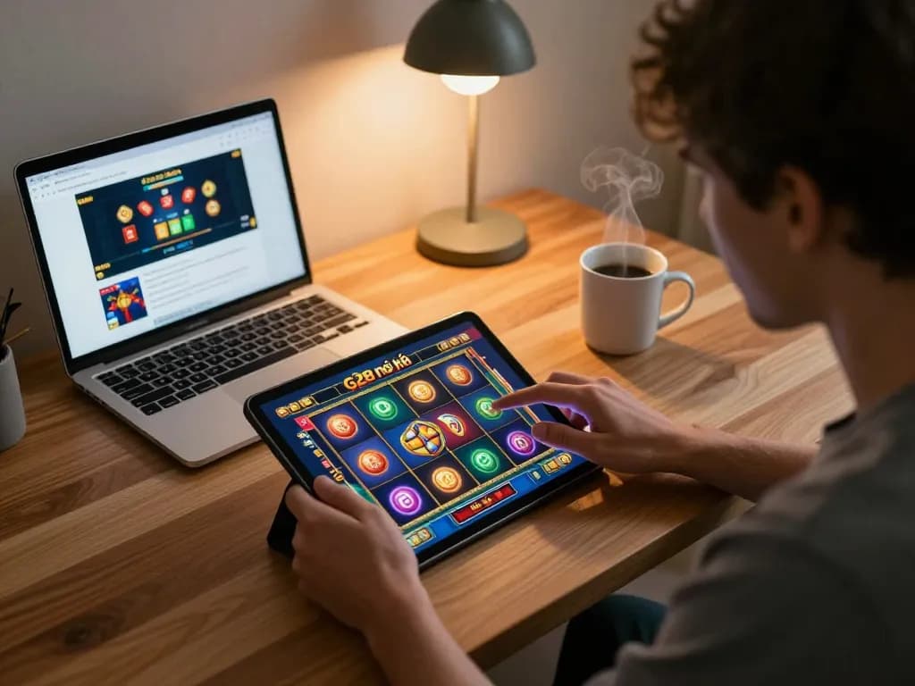 Engage with g28 nổ hũ slot gaming on a modern tablet during a cozy home session.