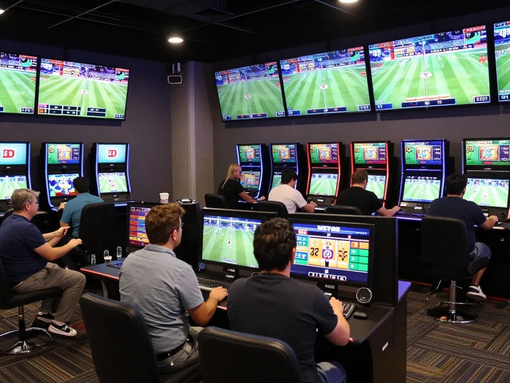 Engaged bettors placing wagers at NET88’s busy sports betting area, showcasing excitement and competitive atmosphere.