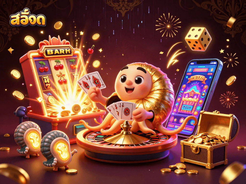 Experience the thrill of สล็อต with vibrant 3D illustration of a nautilus roulette wheel and slot machine explosion.