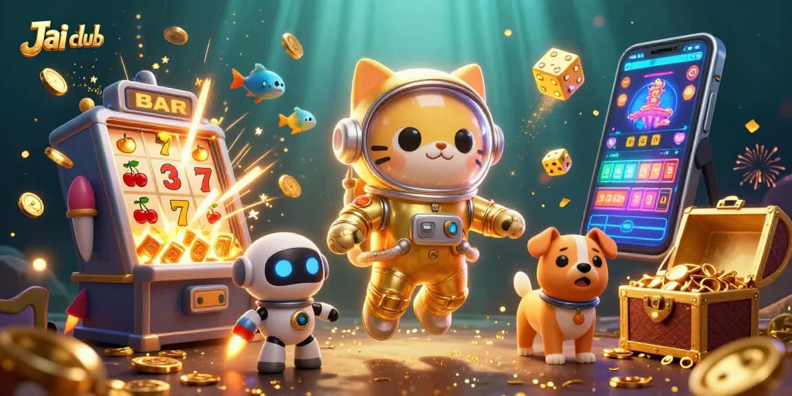 Join the exciting Jai club gaming adventure with a space astronaut cat and robot dog, winning big in a vibrant casino.