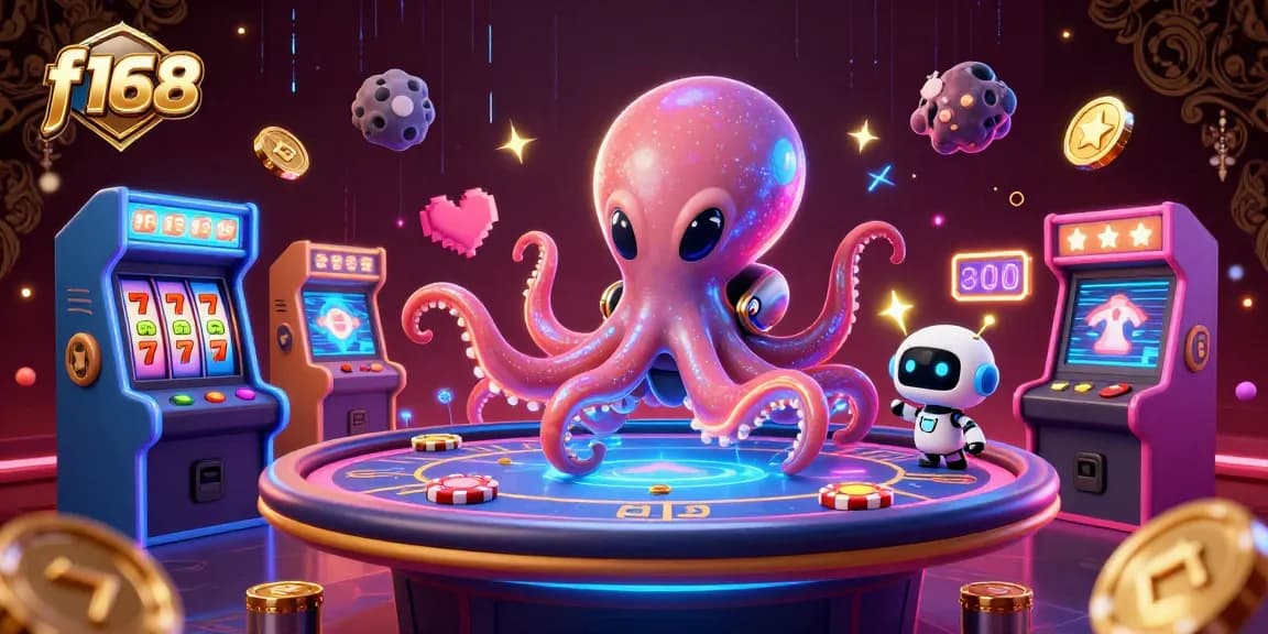 Experience thrilling fun at f168 with an alien octopus operating a holographic poker setup.