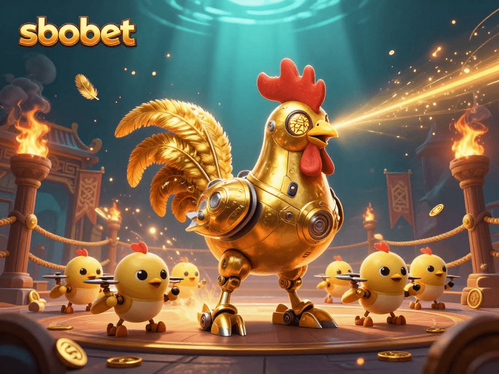 Experience sbobet betting action with dynamic robot and drones in a vibrant arena full of golden coins.