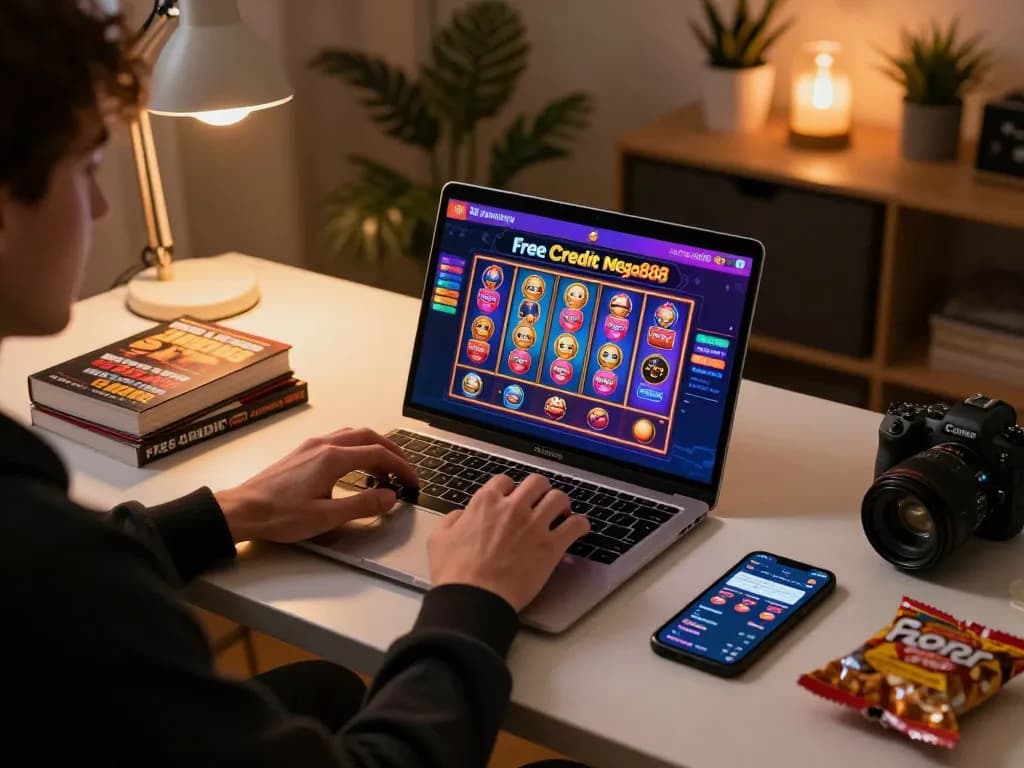 Enjoying free credit mega888 while strategizing with online casino games in a cozy home setup.