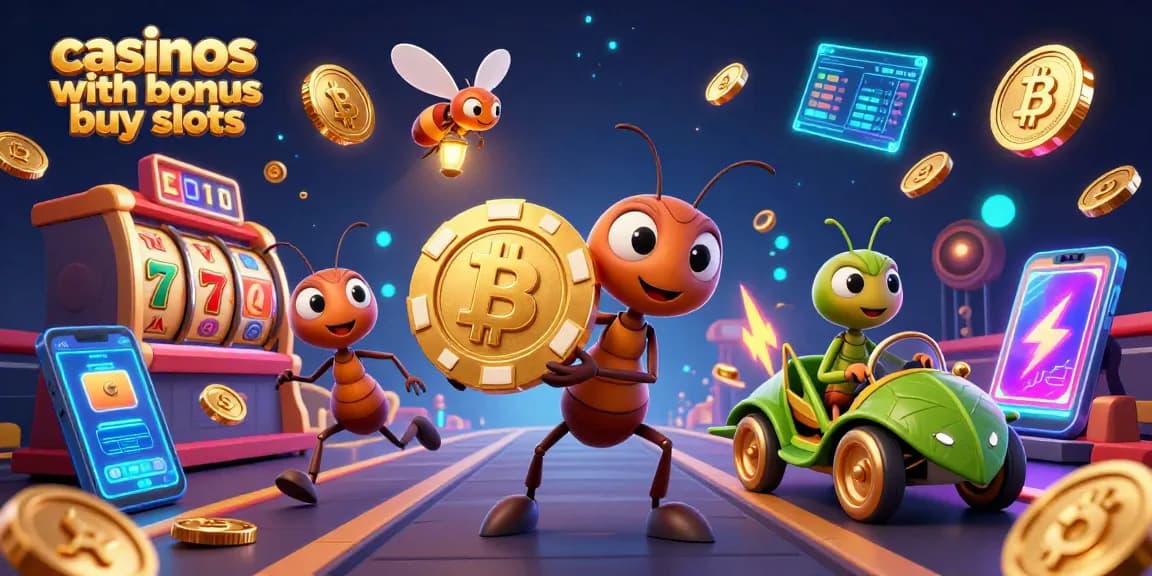 Engage with casinos with bonus buy slots featuring cartoon ants on a heist, surrounded by vibrant gambling elements.