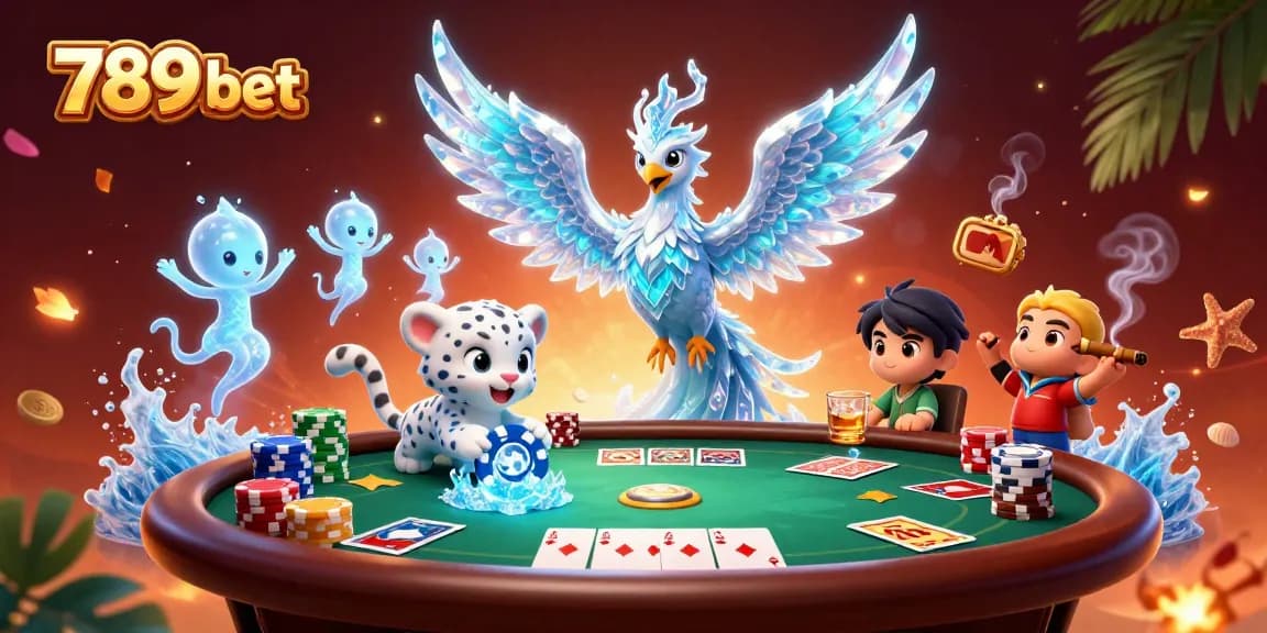 Engage with 789 bet through a vibrant 3D casino illustration featuring an ice phoenix and poker elements.