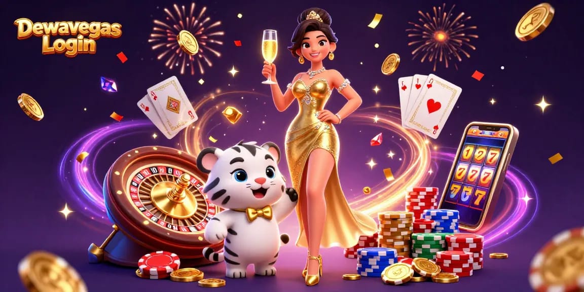 Experience the excitement of DewaVegas Login with glamorous visuals and casino elements, featuring a woman and a lucky tiger.