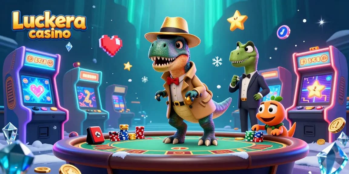 Luckera casino scene showing a velociraptor card counter at a blackjack table with game machines and golden coins.