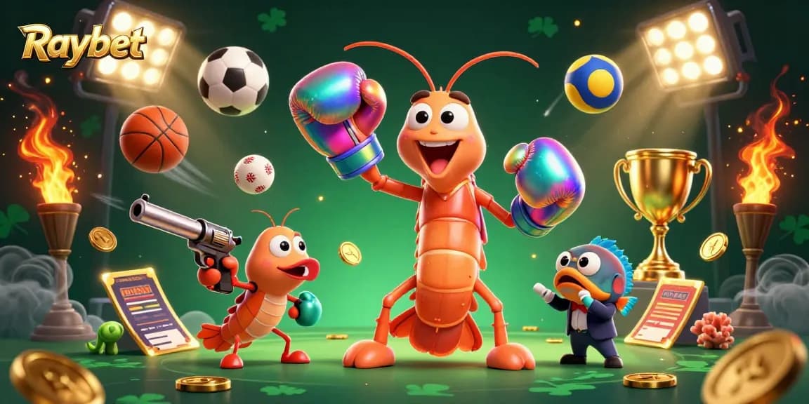 Experience Raybet's thrilling gambling adventure with colorful characters and dynamic sports symbols.